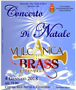 locandina del concerto di natale della Vulcanica Brass Ensamble che si terrà nella chiesa di san nicola di ganzirri - messina