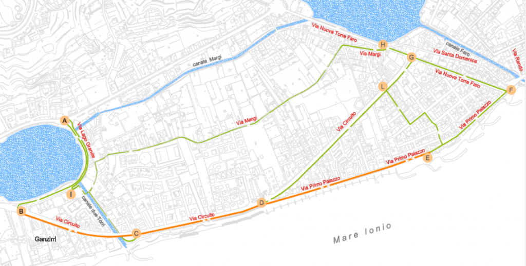 Schema del percorso previsto per la pista ciclopedonale “Laguna Capo Peloro”
