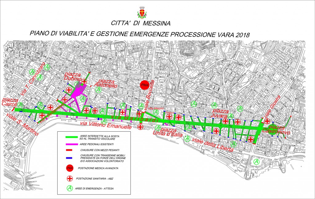 mappa della viabilità e delle misure di sicurezza per la processione della Vara 2018 - messina