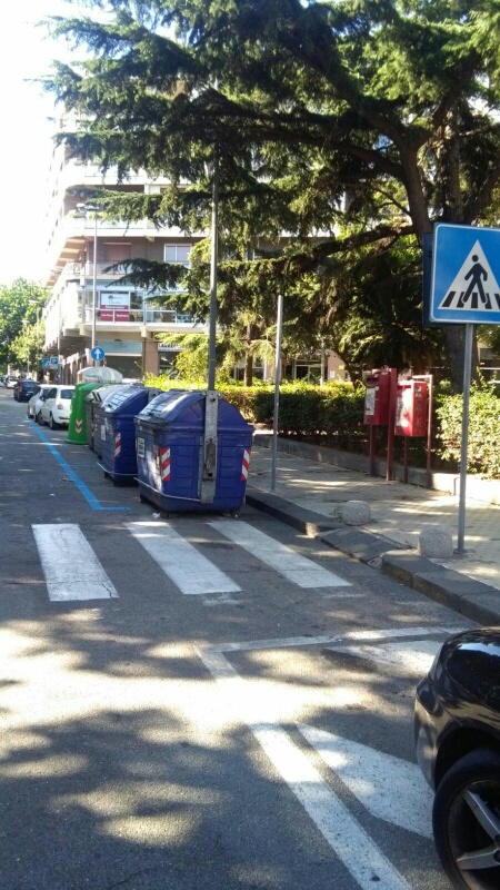 Foto dei cassonetti di via Garibaldi posizionati all'interno delle strisce blu per il parcheggio a pagamento - Messina