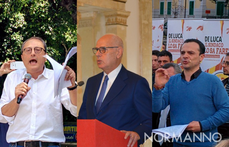 Foto a tre di Antonio Saitta contro Dino Bramanti e Cateno De Luca, elezioni amministrative 2018 messina
