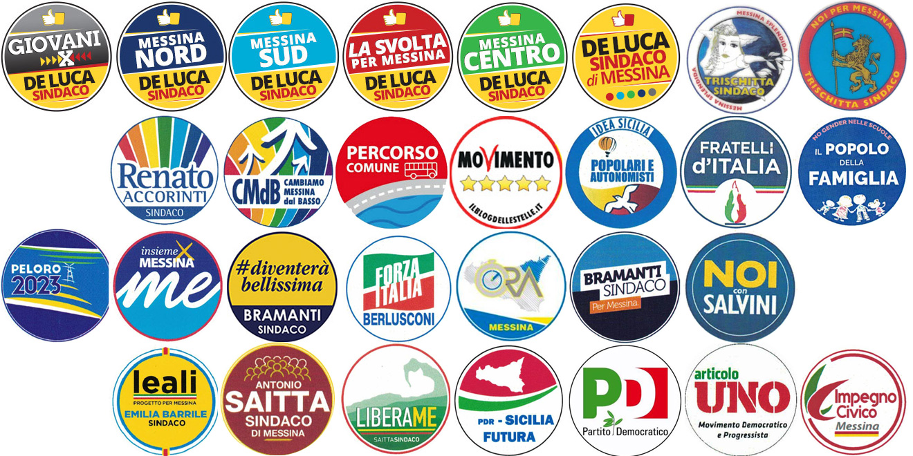 Immagine contenente tutti i loghi dei partiti candidati alle elezioni amministrative Messina 2018