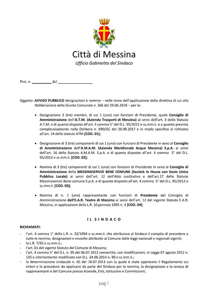 Acquisizione manifestazioni di interesse per rinnovare gli organi sociali di ATM-AMAM- MESSINA SERVIZI.