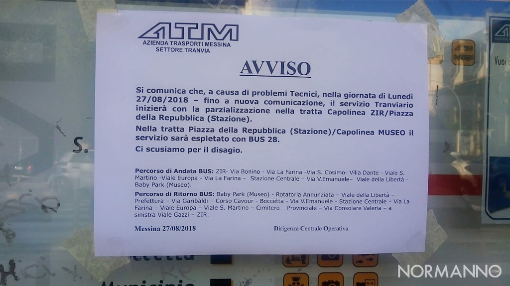 Foto dell'avviso della riduzione del servizio tram a Messina