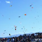 Foto della spiaggia con decine di aquiloni in volo al Festival degli Aquiloni di Messina 2019