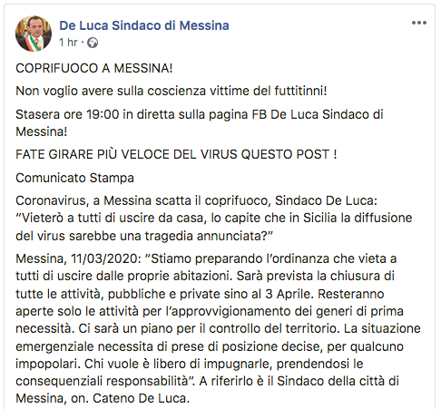 Screenshot del post di Cateno De Luca in cui annuncia il coprifuoco a Messina per il coronavirus