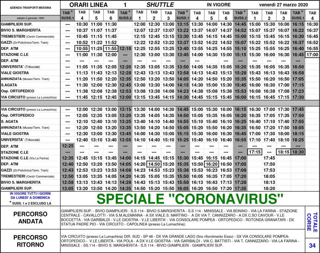 tabella con gli nuovi orari dei bus shuttle di atm messina per il coronavirus
