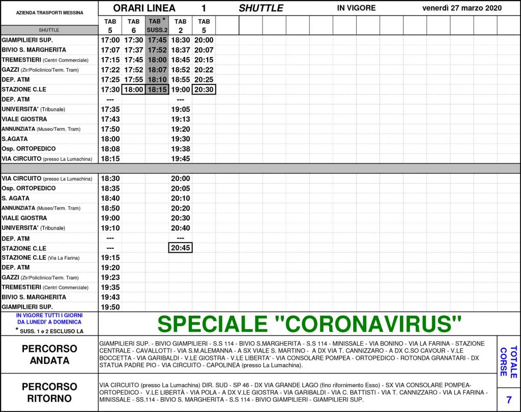 tabella con gli nuovi orari dei bus shuttle di atm messina per il coronavirus