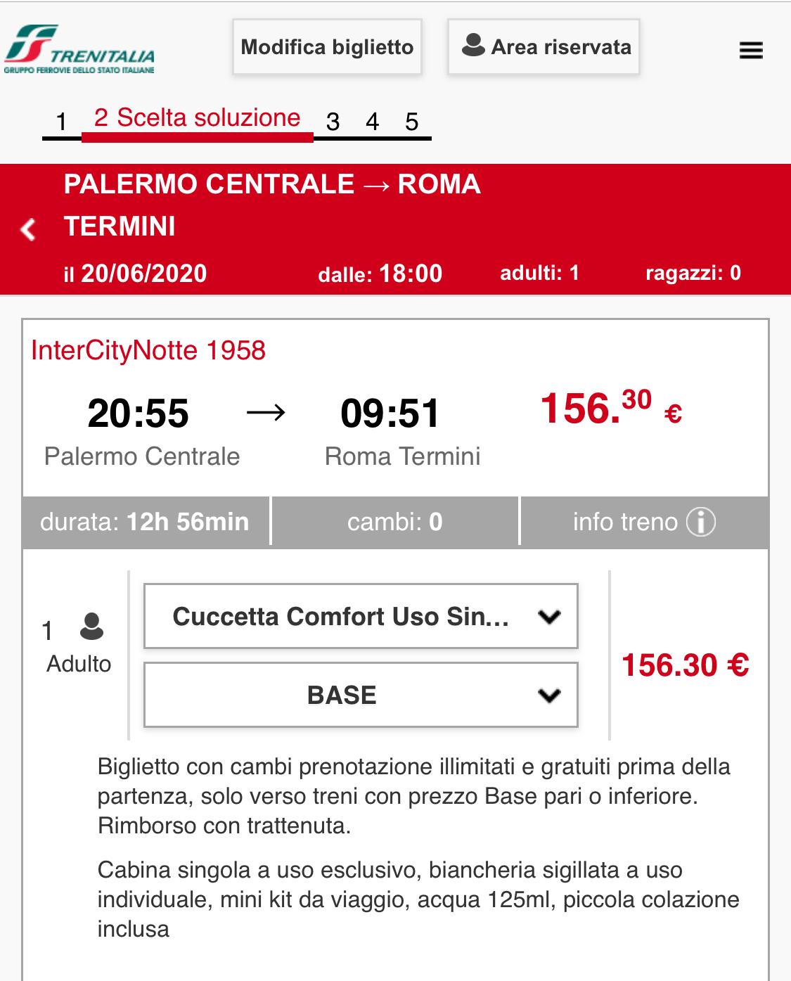 prezzo del biglietto di un treno notte palermo roma dal sito di trenitalia 